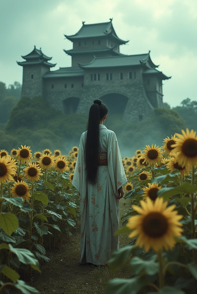 Abandoned castle, Japanese style, princess in kimono, many withered sunflowers