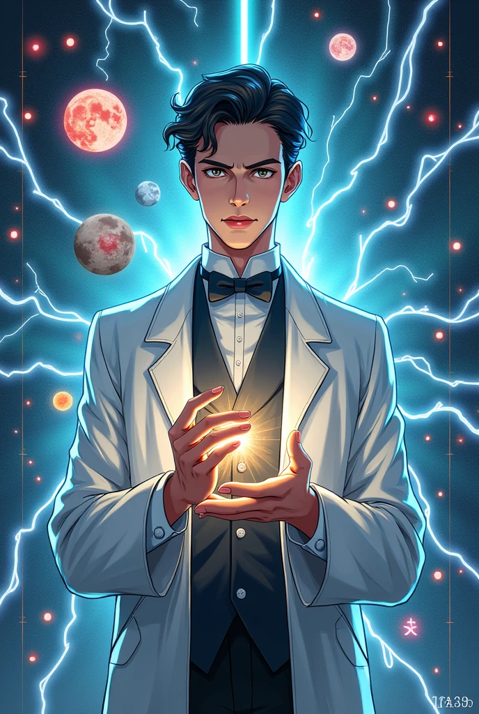  The scientist Tesla wearing a doctor&#39;s coat, physics in his hands, electricity and behind him physics choices in the form of anime 
