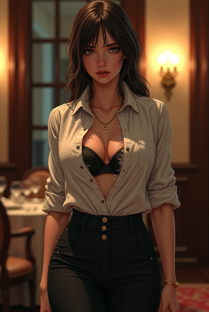 she is a waitress…she works in a five-star hotel, as a waitress.
Appearance-slim, fair skin, tall height,
Dress-Waitress dressThe girl's hair was disheveled, her dress was ruined, the front buttons of her shirt were broken and her bra was visible from the front. The girl was in her late twenties. The next moment she caught hold of Aarav's collar and pulled him rapidly and shouted,