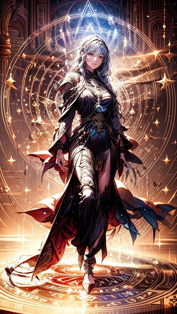an oriental goddess,Arya,Long flowing blue hair,head ornaments,Big breasts.thin waist,Giant angel wings,Transparent lace dress,High heel,Magic circle of water under your feet,2 huge shields around you,The shield is engraved with runes.,