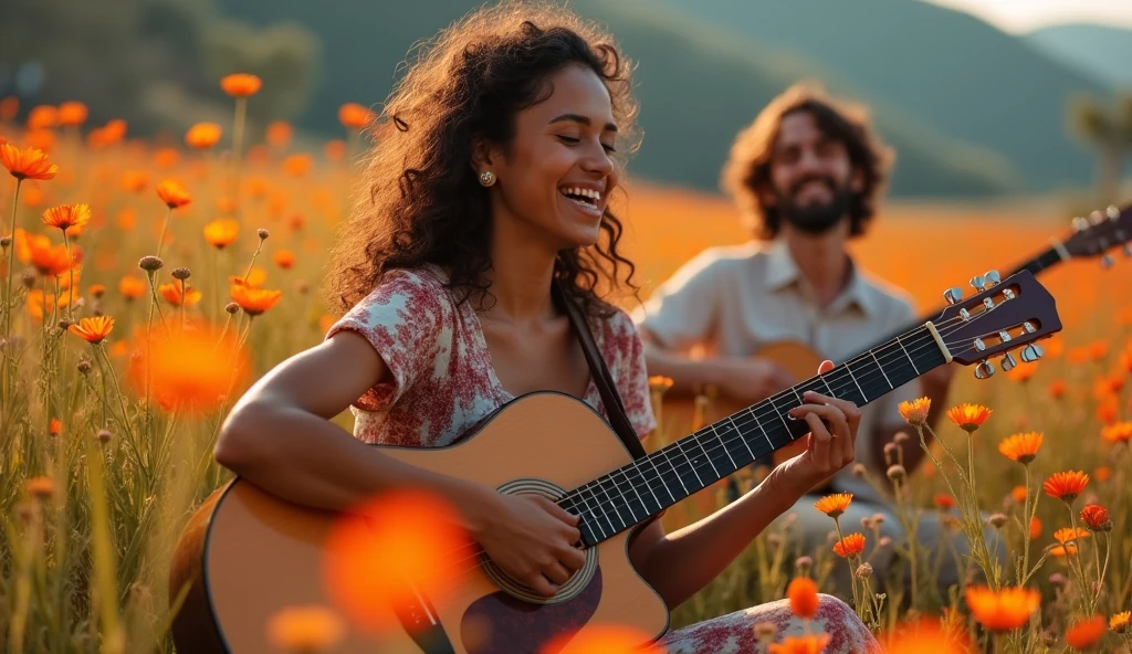 ((best quality)), ((masterpiece)), (detail), perfect face, close-up photo of an couple playing guitar in a valley of flowers, valley scene with intricate details, shot by sony a7iv with lens 15mm, shimmering and magical light, surreal photo, 8k, ultra high resolution, sharp face