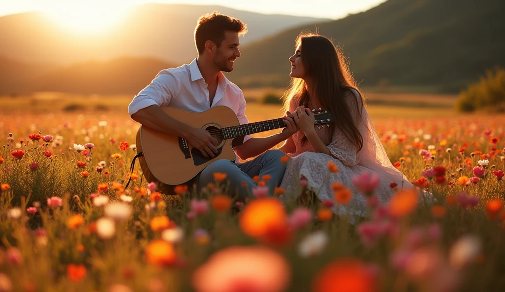 ((best quality)), ((masterpiece)), (detail), perfect face, close-up photo of an couple playing guitar in a valley of flowers, valley scene with intricate details, shot by sony a7iv with lens 15mm, shimmering and magical light, surreal photo, 8k, ultra high resolution, sharp face