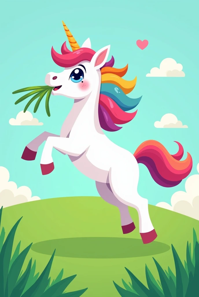 Jumping unicorn with green grass in its mouth with rainbow tail rainbow mane simple cartoon style with open eyes 