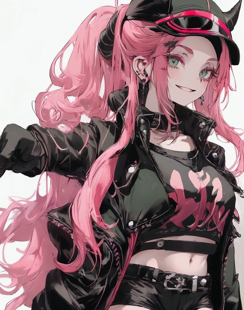 1 girl, fingerless gloves, gloves, green eyes, black cap, red horns, jacket, long hair, looks at the viewer, pink hair, pony tail, red nails, solo, long hair, chest, white short sleeved top, green eyes, jacket, long hair, looks at the viewer, mid-body, navel, pink hair, pony tail, black shorts, solo, Hip Strap,  red horns, jewellery, long hair, looks at the viewer, middle chest, navel, pony tail, short shorts, black shorts, smile, solo, long hair, chest, green eyes, smirk, big chest, long hair, looks at the viewer, pink hair, red jacket, smile, solo, Human ears, Human ears, one closed eye, finger gun, upper body 