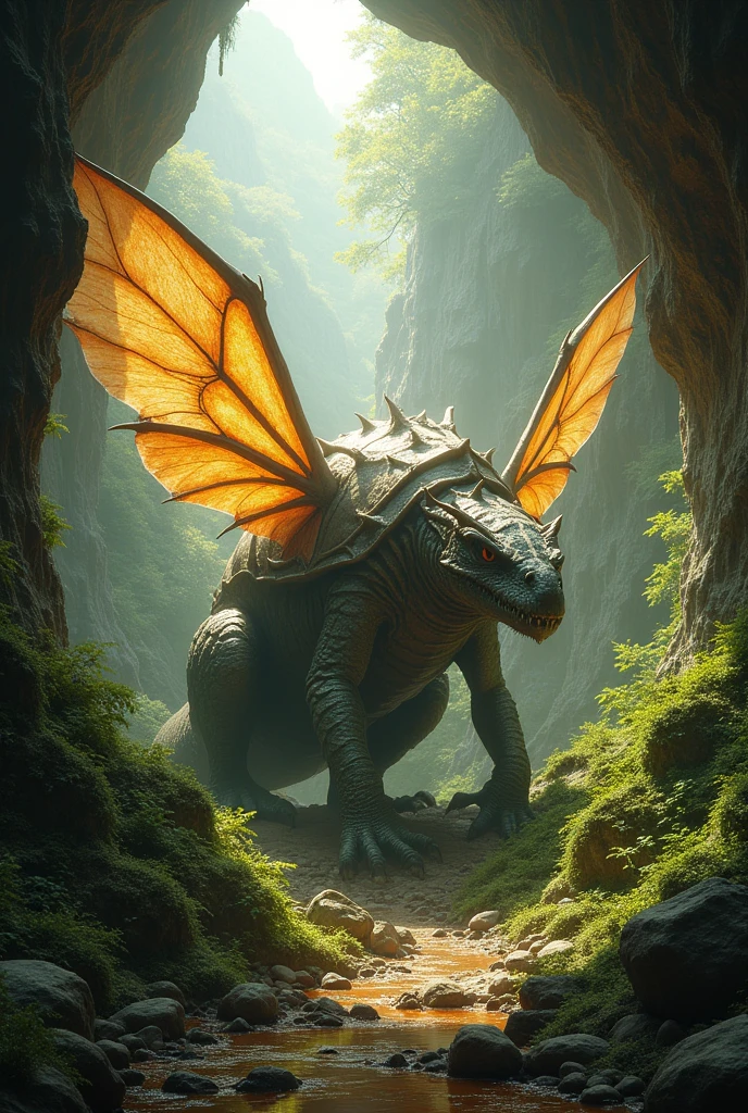 giant dragon, beetle shell, dragon wing bones, dragonfly wings, forest inside a cave, amber spread at the dragon's feet,