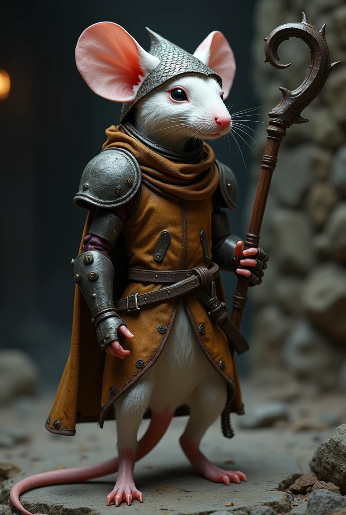 White slim humanoid mouse, with leather armor, dragon scale hunter hat, bardo, set in dungeon and Dragon&#39;s and a robotic prosthesis on the left arm