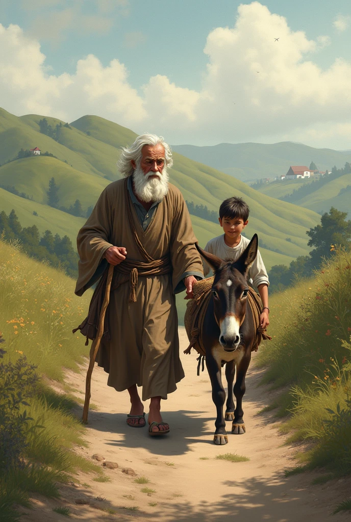 An old man has a donkey with his son is walking