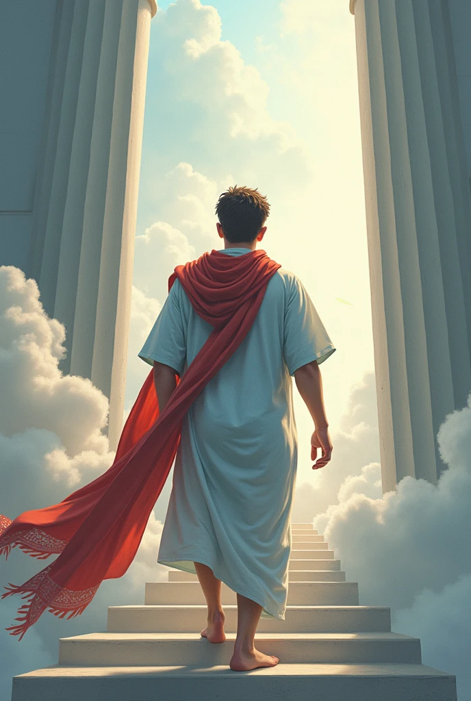 Creates an image of a young man wearing a light blue shirt with short sleeves and a red scarf with white borders walking up the stairs to heaven., At the gates of heaven are Saint Peter and Jesus waiting., Cloudy and distant images