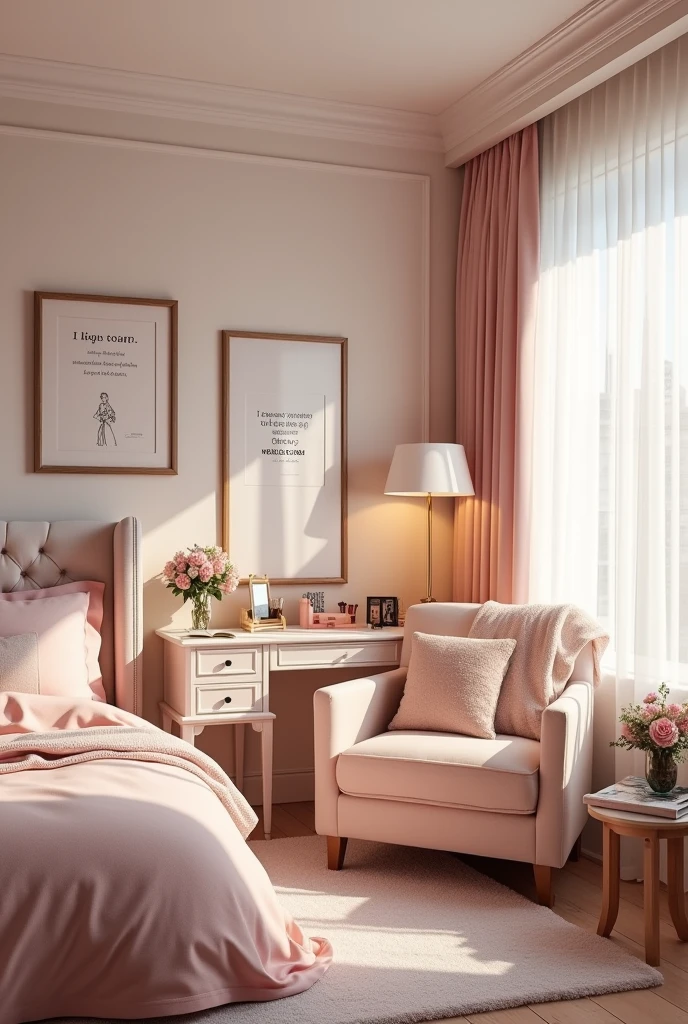 Create an image of a cozy, stylish bedroom with a feminine touch. The room should feature a plush bed with soft, pastel-colored bedding, a large, comfortable armchair with a throw blanket, and a vanity table with elegant makeup and accessories. Add decorative elements like framed inspirational quotes, fresh flowers in a vase, and a few chic fashion magazines on a bedside table. The overall atmosphere should be warm, inviting, and charming, with a focus on comfort and personal style."