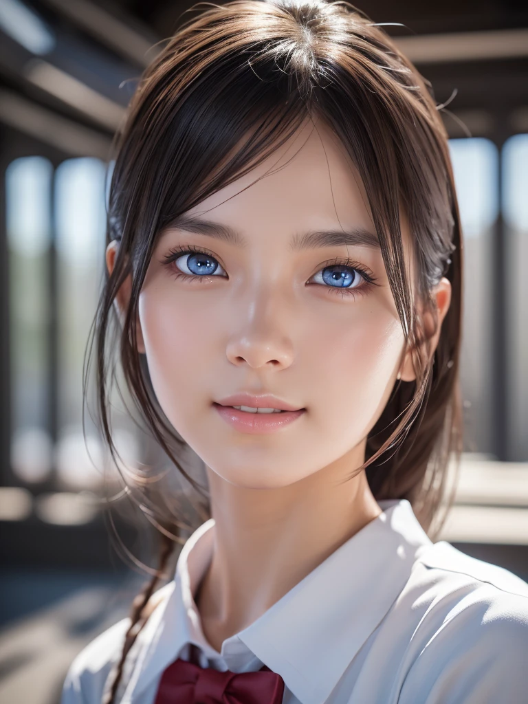 NSFW,a ultra cute beautiful girl wearing highschool uniform,charming smile,mixed race of Japanese and Nordic,large clear light blue eyes,droppy eyes,transparent white skin,photorealistic, 8k, ultra-detailed, masterpiece, realistic, vivid colors, beautiful detailed eyes, beautiful detailed lips, extremely detailed face, intricate details, hyper realistic, cinematic lighting, dramatic shadows, stunning composition, intense atmosphere, highly detailed skin, exquisite facial features, volumetric lighting, raytraced global illumination, physically-based rendering, professional digital art