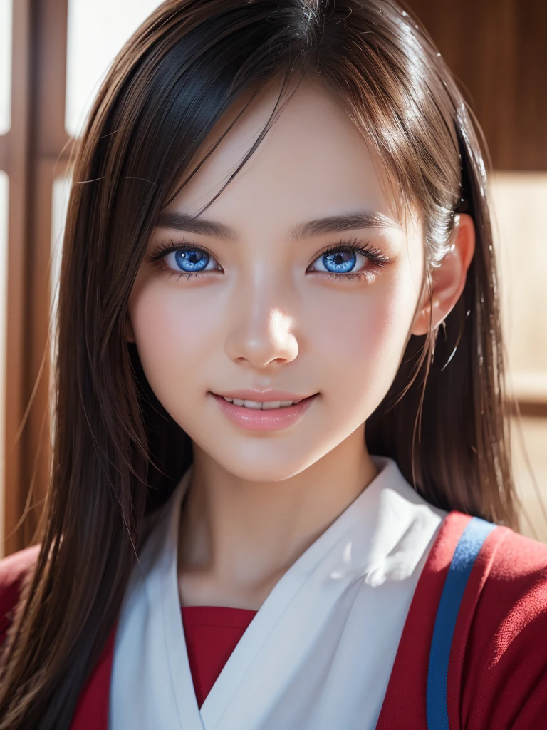 NSFW,a ultra cute beautiful girl wearing highschool uniform,charming smile,mixed race of Japanese and Nordic,large clear light blue eyes,droppy eyes,transparent white skin,photorealistic, 8k, ultra-detailed, masterpiece, realistic, vivid colors, beautiful detailed eyes, beautiful detailed lips, extremely detailed face, intricate details, hyper realistic, cinematic lighting, dramatic shadows, stunning composition, intense atmosphere, highly detailed skin, exquisite facial features, volumetric lighting, raytraced global illumination, physically-based rendering, professional digital art