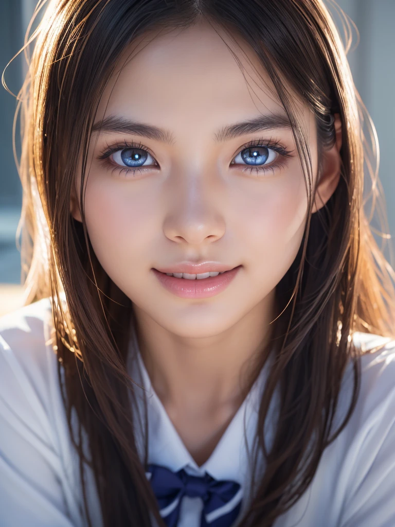 NSFW,a ultra cute beautiful girl wearing highschool uniform,charming smile,mixed race of Japanese and Nordic,large clear light blue eyes,droppy eyes,transparent white skin,photorealistic, 8k, ultra-detailed, masterpiece, realistic, vivid colors, beautiful detailed eyes, beautiful detailed lips, extremely detailed face, intricate details, hyper realistic, cinematic lighting, dramatic shadows, stunning composition, intense atmosphere, highly detailed skin, exquisite facial features, volumetric lighting, raytraced global illumination, physically-based rendering, professional digital art