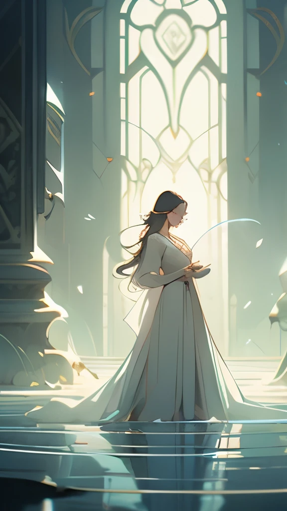 a woman in a white dress standing in a stream of water, concept art by Kilian Eng, trending on cgsociety, fantasy art, glowing water, glowing with magic, charlie bowater art style, glowing aura around her, there is a glow coming from her, kilian eng vibrant colors, beautiful illustration, magically glowing, glowing details!