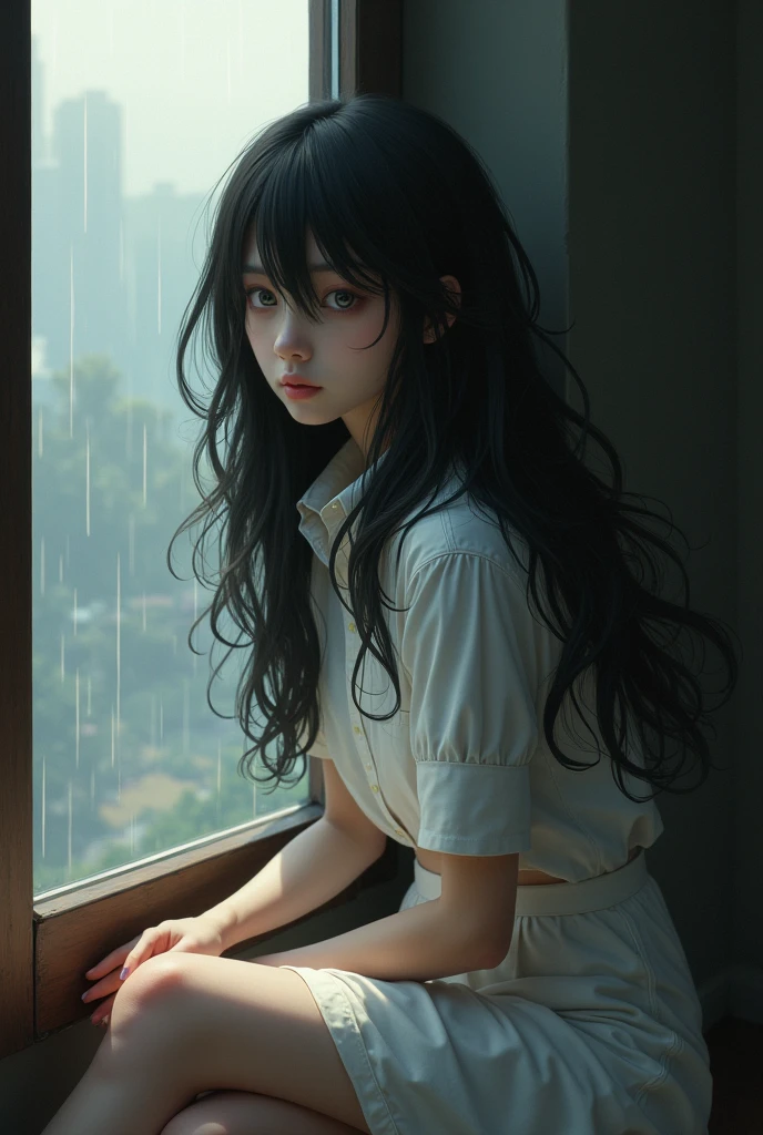Portrait of a woman with deep sad eyes, long hair machine layer, wear white shirt and white skirt, sitting by the window in a cozy room looking out the window, soft light and light rain outside. she is lonely