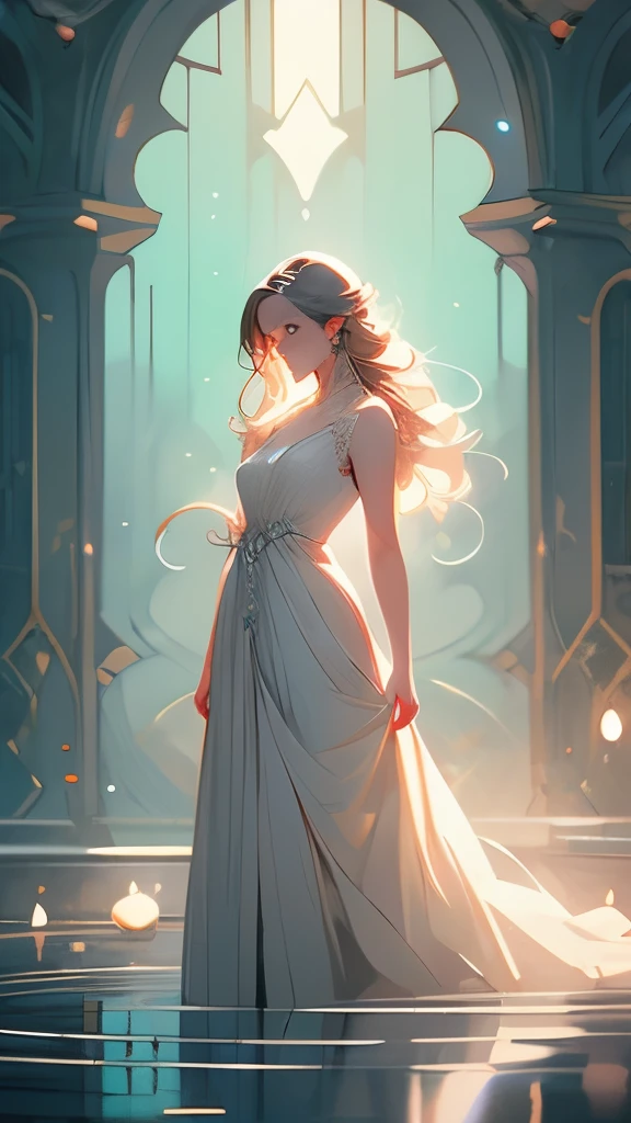 a woman in a white dress standing in a stream of water, concept art by Kilian Eng, trending on cgsociety, fantasy art, glowing water, glowing with magic, charlie bowater art style, glowing aura around her, there is a glow coming from her, kilian eng vibrant colors, beautiful illustration, magically glowing, glowing details!