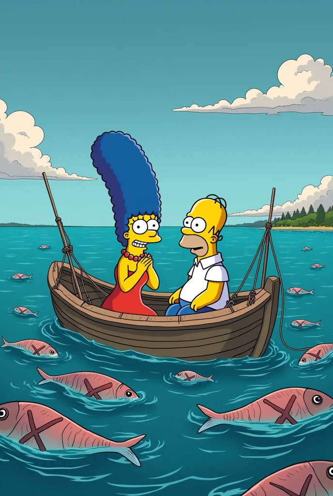 a simpsons style landscape image of homer and marge Simpson looking terrified sitting in a fishing boat in the ocean holding fishing lines and fishing nets. all the fish are dead floating on the surface of the water on their sides with an X instead of an eye