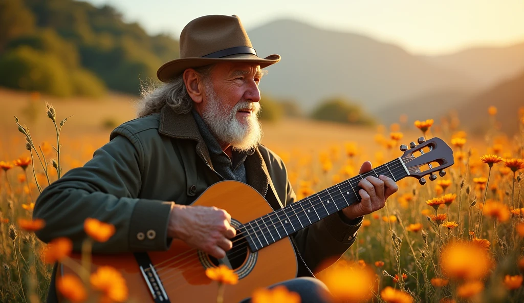 ((best quality)), ((masterpiece)), (detail), perfect face, close-up photo of an old man playing guitar in a valley of flowers, valley scene with intricate details, shot by sony a7iv with lens 15mm, shimmering and magical light, surreal photo, 8k, ultra high resolution, sharp face