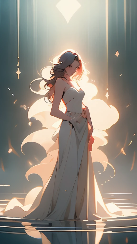 a woman in a white dress standing in a stream of water, concept art by Kilian Eng, trending on cgsociety, fantasy art, glowing water, glowing with magic, charlie bowater art style, glowing aura around her, there is a glow coming from her, kilian eng vibrant colors, beautiful illustration, magically glowing, glowing details!