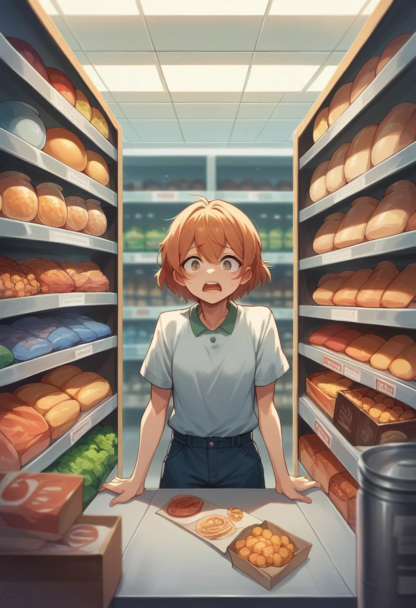 Young woman inside a supermarket with metal arrows stuck in the top of her head.