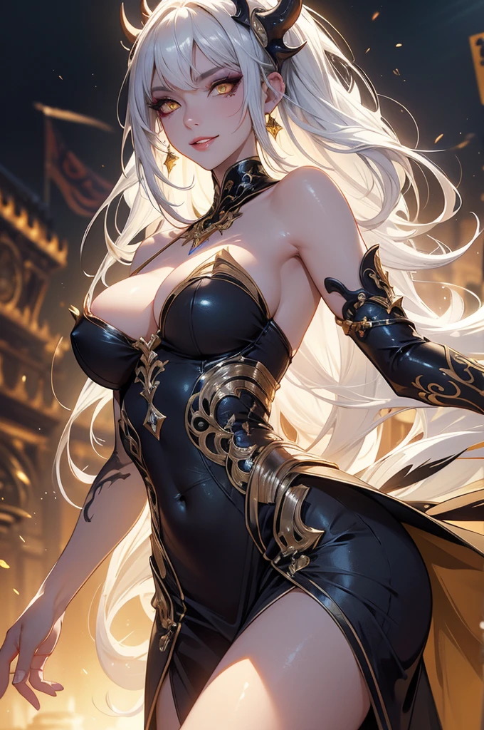 masterpiece,best quality,extremely detailed CG,ultra-detailed,beautiful detailed eyes,1woman,monster woman,bodypaint,random colored skin,evil smile,sexy makeup,yellow eyes,open stance,torn clothes,white hair,