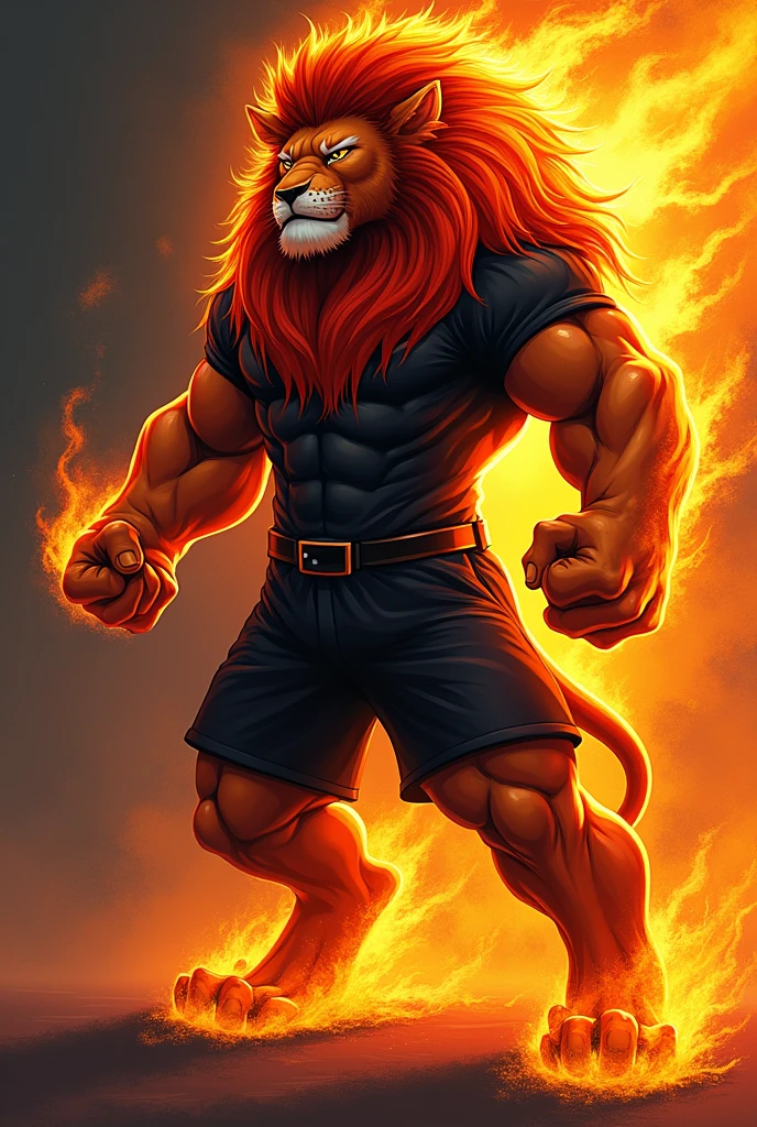 create a lion tie mascot, orange and black colors without shield, a fearless lion, confident and flaming