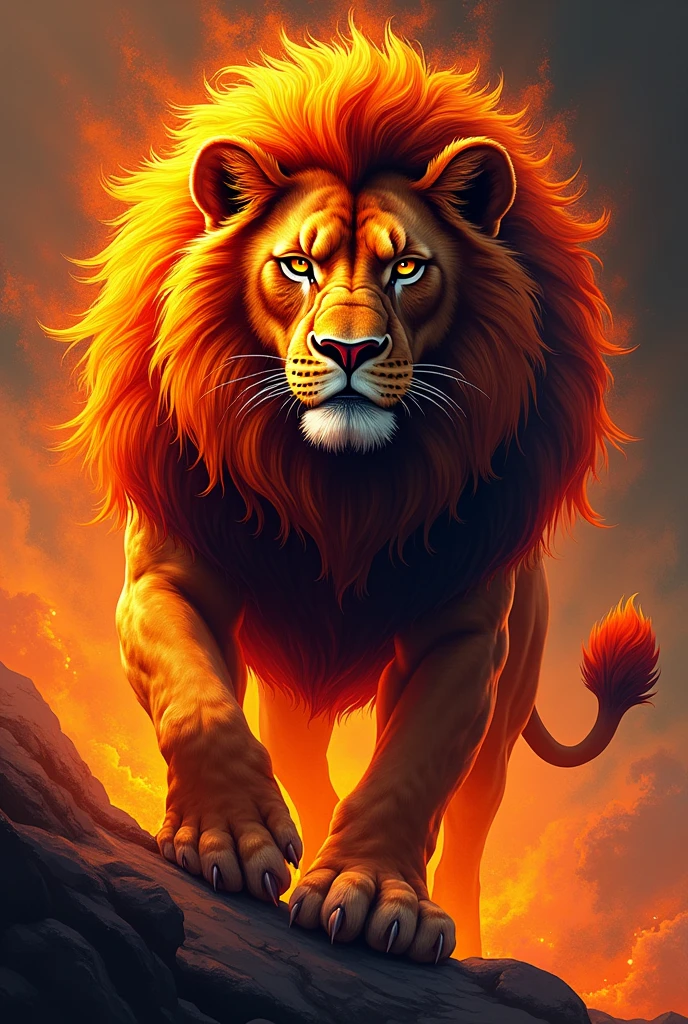 create a lion tie mascot, orange and black colors without shield, a fearless lion, confident and flaming