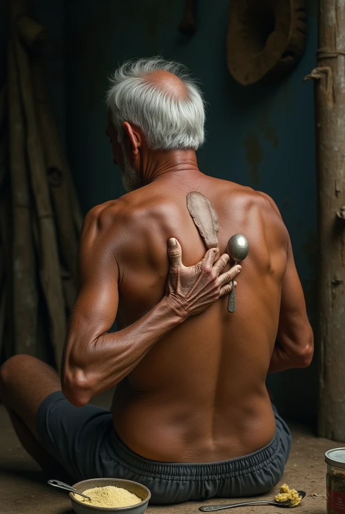 elderly Brazilian man on the back with a spoon in his hand massaging his spine with the spoon and a strange portion next to it