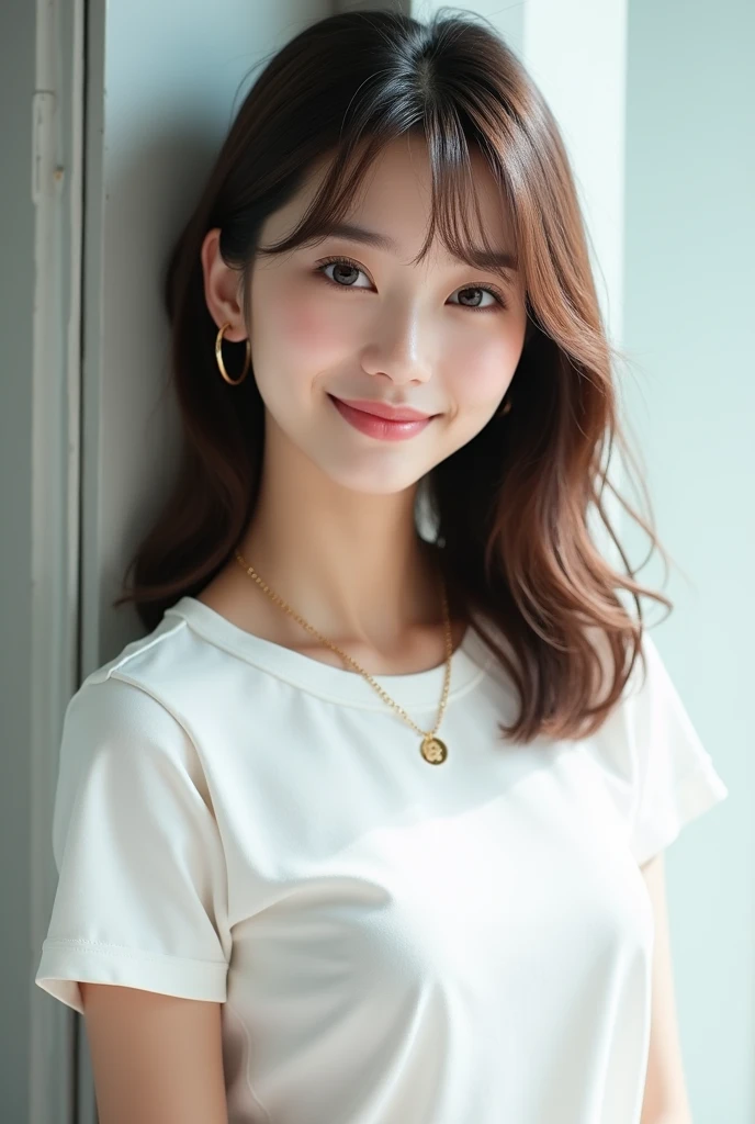 high resolution、A transparent Japanese woman、looking at the camera、body is angled、smile、Moist and shiny hair、Thready hair、cute、Brown Hair、Beautiful young woman who looks like a model、Leaning against a wall、Big eyes、Outline of an inverted triangle、face is slanted45Every time、Straight Hair、The tips are heavy、White crew neck half sleeve top、Hide your chest、Attractive features、Big eyes、Beautiful woman、hoop gold earrings、Long, diagonally swaying bangs、Beautiful like a celebrity、A trendy blunt hairstyle with little volume、Bangs up to the nose、No bangs standing up、Smooth surface hair、Simple chain necklace、A fashionable atmosphere、A mature bob with less volume on top、The hair around the face falls smoothly onto the face.、Natural Makeup、サラサラの艶ありStraight Hair、Cohesive hair、Straightener、Clear face、Hair is not wavy
