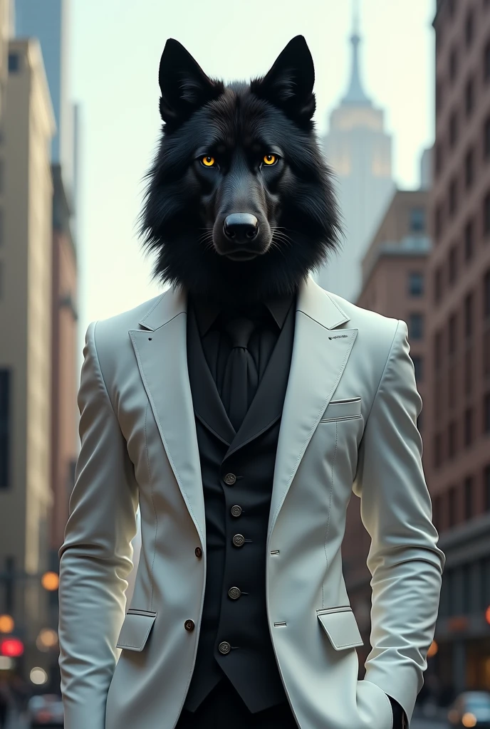 Black wolf with white suti 
In new york city 
