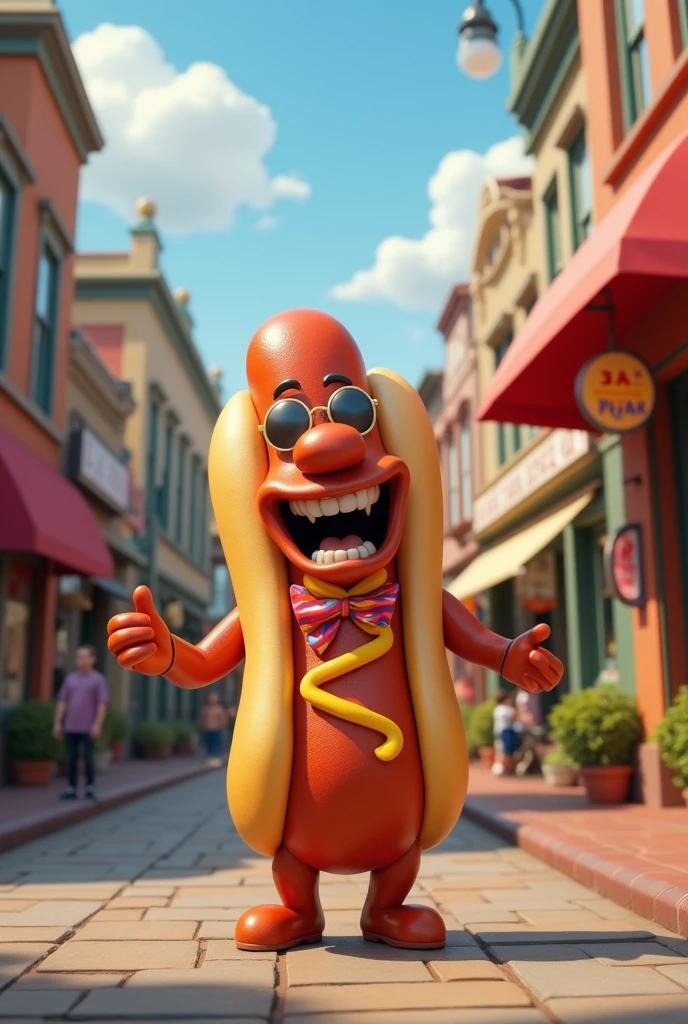 a hotdog walking around town dressed ridiculously making crazy faces