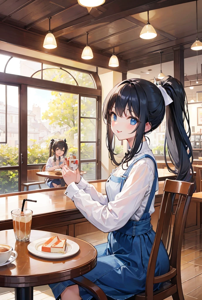 **Girl chatting with friends**：Sitting at a table in a café、Girls laughing and chatting happily with friends。Cafe lattes and cakes are lined up on the table.。High resolution, Long Hair, ponytail, Sticking out tongue, 
