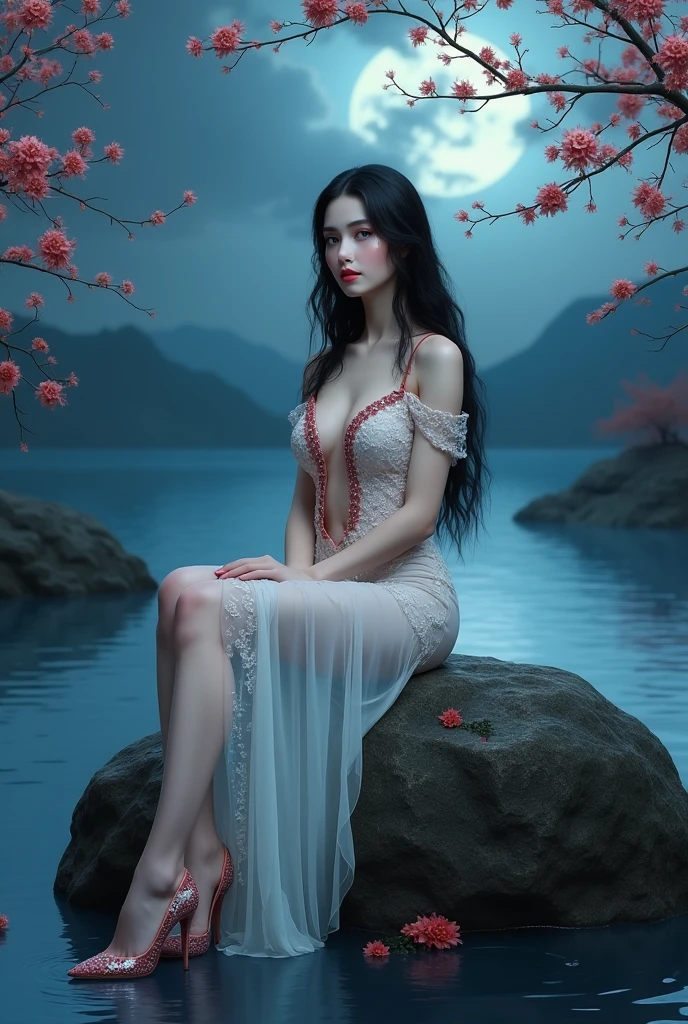 1 milf, asian arabic,very very pale skin, white as flour skin, skin painted white, high heels, bare legs, sitting, sky, crossed legs, dress, long hair, black hair, solo, breasts, legs, night, blue eyes, water, long sleeves, unbuttoned, cloud, white dress with red crystals, full body, (((underboobs))), large breasts, flower, night sky, hair ornament, rock, branch,(tall:1.5),(narrow waist:1.2),(model:1.5),glamor,slender,,