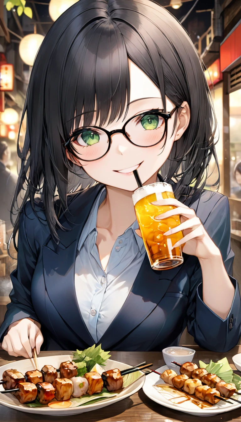 ((Enjoy the drink style)) (At a Japanese yakitori izakaya, Enjoy eating yakitori), (Holding a beer glass and a yakitori skewer) (Solo Bob Black Hair Long Hair Cute Women, 20th Generation, Glasses, Beautiful green eyes, Makeup Beautiful Face, Smile of love, Middle), (Casual Suits), break, Perfect Anatomy, masterpiece, Highest quality, 16K.