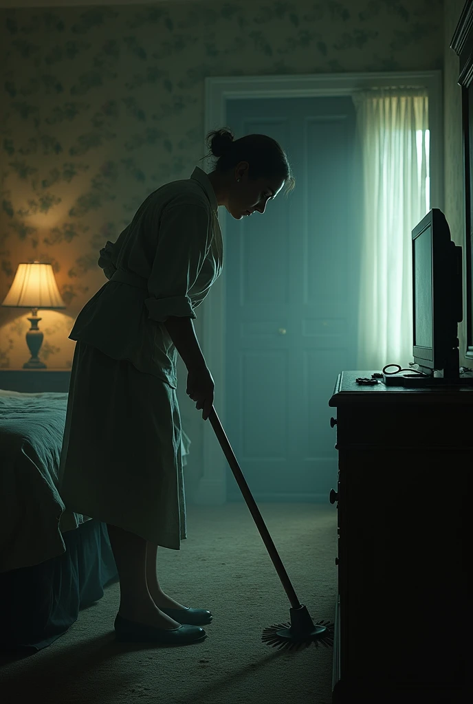 A female housekeeper is cleaning a hotel room in a creepy atmosphere