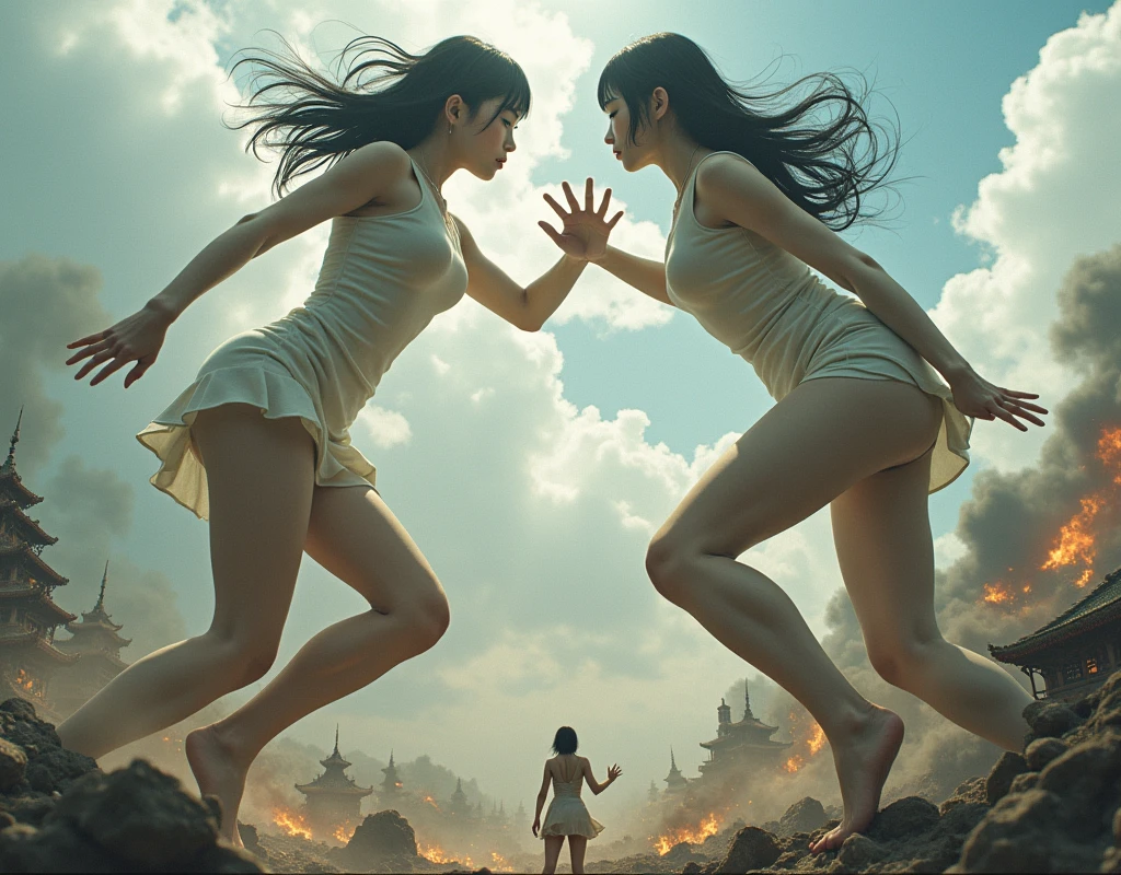 (Giant girl Art), (Super Best masterpiece giant girl Raw Photography Art), (16K, Highest quality, Ultra-high resolution, RAW Photos), (Although it is the real world, It's so unrealistic.), (Very detailed描写の, fight巨人女, Ultra-realistic depiction), (Asian Girls, So beautiful and detailed, Perfect female body, Accurate female body structure, Accurate female body movements, Very detailed女体ボディ, Super big breasts), Short sleeve shirt, Short skirt, I can see your pants, Very cute face, (Very detailed描写, Clear and accurate perspective depiction, Wide-angle depiction, Focus on the average value of the image), (Very detailed, World collapse panic movie depiction), Height 1,000m class giant girl, 2 people, The face and body are identical, fight, Scramble, Catfight, Action Movie, 2 peopleの巨女がミニチュアな街まるごとぶっ壊す描写, 見物客はfightの巻き添えに遭う, High Top View