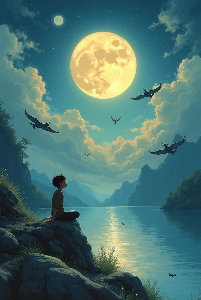 (masterpiece, superior quality) A mesmerizing painting capturing the essence of solitude, featuring a solitary figure seated on a rocky outcrop, gazing up at luminous moon and dragons. The sky is a breathtaking blend of colors, with the moon's presence dominating the scene, reflecting on the lake below, casting a gentle glow on the figure and the serene lake below. The muted tones create an aura of calm and melancholy. Abstract elements and whimsical touches, depth, , style of Ghibli, painting, poster