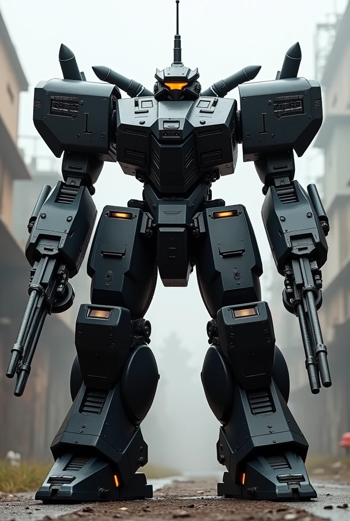 I want you to create a robust robot in the armored core and front mission style.. He has an antenna in the middle of the top of his head.. He has two rotating miniguns on each of his arms and rocket launchers on his shoulders.. I want a realistic version in black color. He must have five missile launchers lined up on each of his shoulders.. In your hands you must hold two Gatling Gun machine guns..