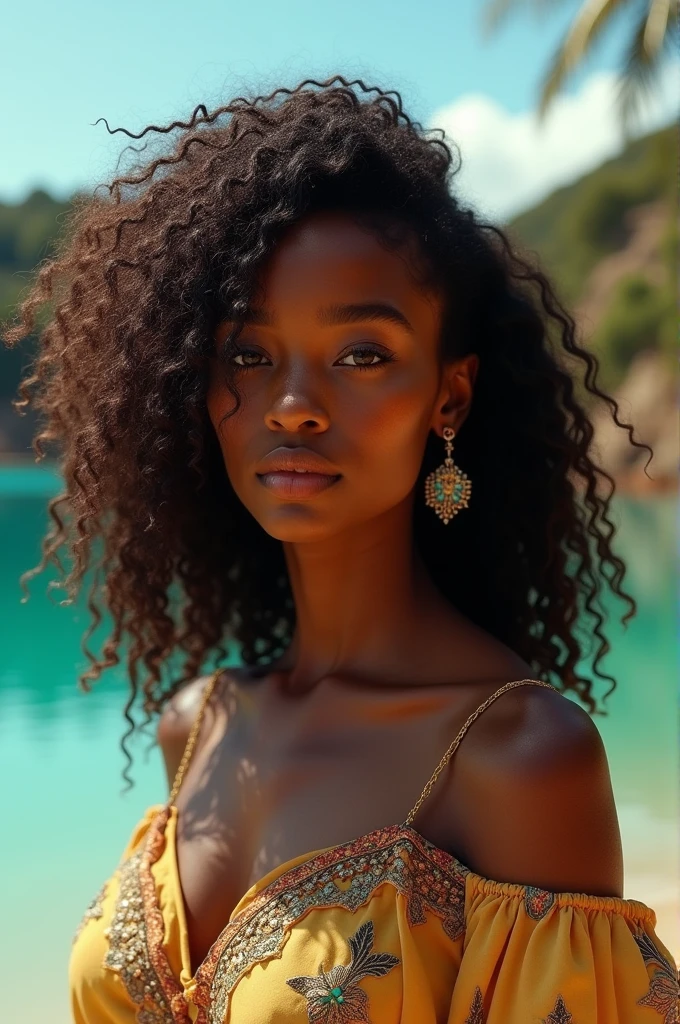 Realistic portrait of an African woman with white brown skin burned by the sun, cheveux longs:2                
 Curly, Princess clothes, Cendrillon de style rococo long,  Image intrigante, image propre, In the background a beautiful lake, couleurs vives, Cinematic shadows,