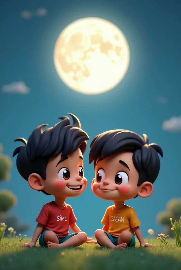 2 best friend one boy sardar and second boy cutting hair sitting on grass enjoying the view of moon, one boy hair cutting name "Gagan" writing on the shirt and another boy sardar name "simu" writing on the shirt, 3d cartoon