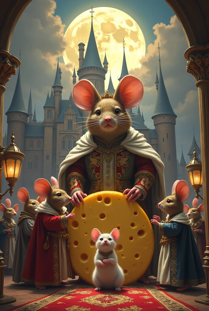 A highly detailed digital painting of a grand mouse wedding. The mice are wearing ornate medieval costumes and are at least ten times the size of a normal cat. The cat looks terrified and is trying to hide behind a giant cheese wheel. The background is a sprawling medieval castle, with a full moon illuminating the scene. Use a vibrant color palette and a cinematic composition.