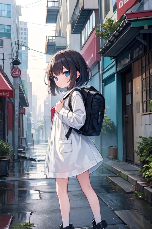 One girl,(masterpiece, Highest quality),Raincoat,City in Ruins,Backpack,it's raining,He has a gun in his hand,Looking for something,