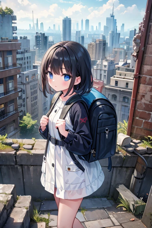 One girl,(masterpiece, Highest quality),Raincoat,City in Ruins,Backpack,it's raining,He has a gun in his hand,Looking for something,