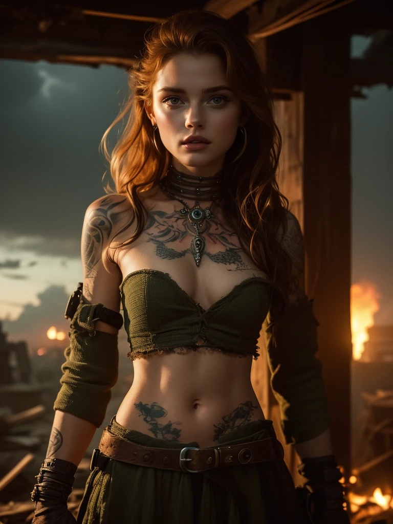 very detailed, 16K high resolution, incredibly detailed image, cinematic, best quality, masterpiece, realistic, detailed face, detailed background, dramatic lighting, A girl, 2, she is alone, beautiful, natural ginger hair, straggly and messy wavy hair. Extremely detailed facial expressions with sharp and piercing green eyes. A delicate, slightly cheeky face, subtly made up. ((She is tattooed and pierced, large tubes in her ears.)), She has (very small breasts) and a slim figure, in good shape. Dark lighting conditions, the world is destroyed after a war (end-time mood like in Mad Max). She is in an old destroyed city. Flames and clouds of smoke in the background. Her outfit is similar to Vii, in Arcane. She has a belt around her waist. There is a crossbow on her back.