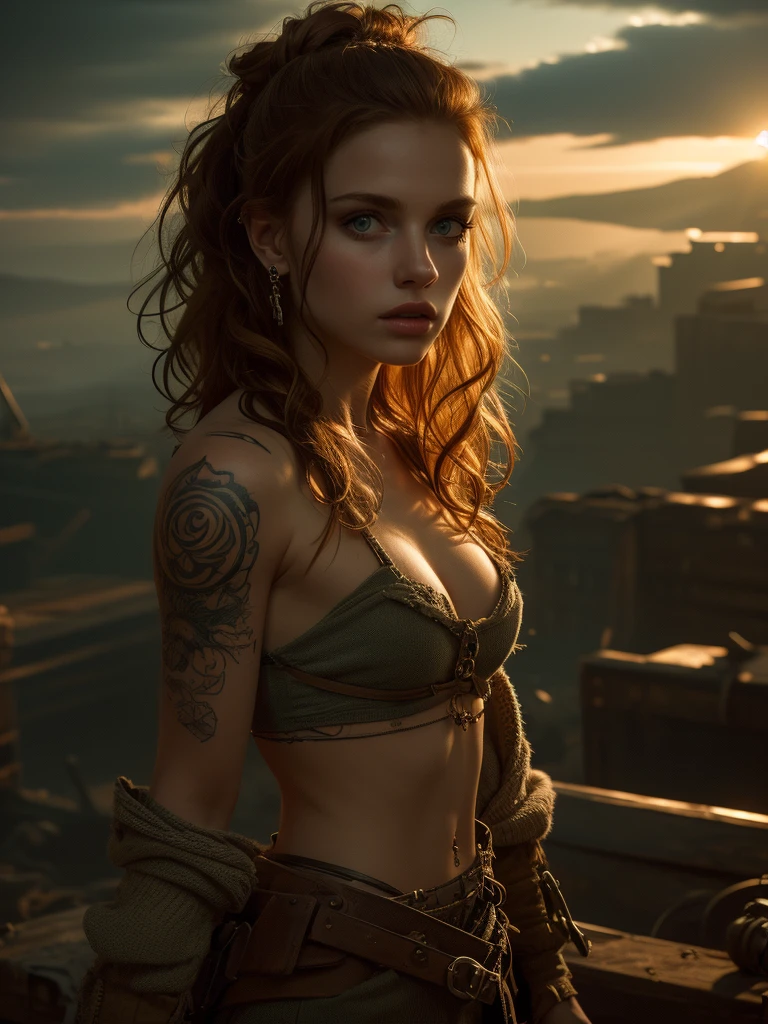 very detailed, 16K high resolution, incredibly detailed image, cinematic, best quality, masterpiece, realistic, detailed face, detailed background, dramatic lighting, A girl, 2, she is alone, beautiful, natural ginger hair, straggly and messy wavy hair. Extremely detailed facial expressions with sharp and piercing green eyes. A delicate, slightly cheeky face, subtly made up. ((She is tattooed and pierced, large tubes in her ears.)), She has (very small breasts) and a slim figure, in good shape. Dark lighting conditions, the world is destroyed after a war (end-time mood like in Mad Max). She is in an old destroyed city. Flames and clouds of smoke in the background. Her outfit is similar to Vii, in Arcane. She has a belt around her waist. There is a crossbow on her back.