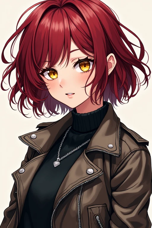 Highest quality,High resolution,Detailed illustrations,One girl,short hair,Perm,punk jacket,Wine red hair,Yellow Eyes,comics:Illustrations like Yurucamp△,comics家:Illustrations like Afro