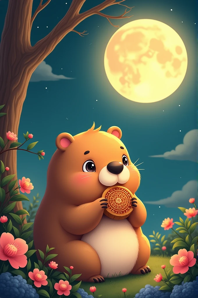 2. A cute capybara eating a mooncake under the night sky, looking up at the bright full moon, in a Mid-Autumn Festival theme.