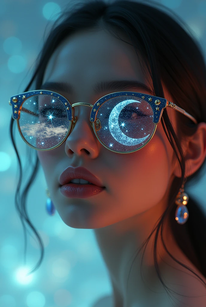 Model wearing glass sunglasses,There are stars and moon on the glass