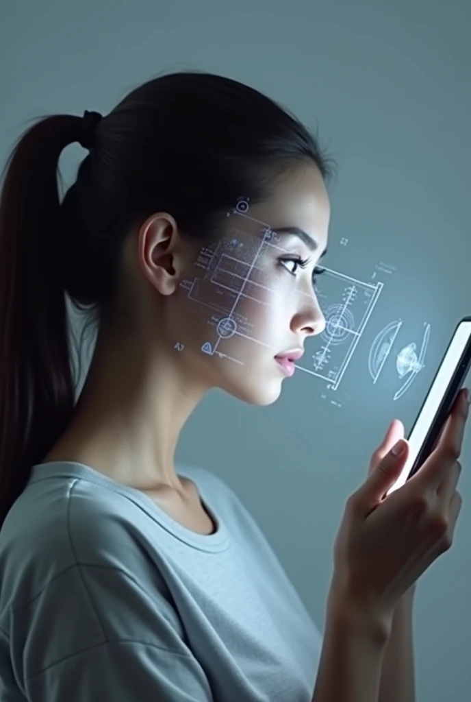 A profile portrait of a young woman holding a smartphone in front of her face for facial recognition. Show a white grid on her face to indicate facial recognition measurement points, and illuminate her face with light from the smartphone. The background should be gray, and the woman should be wearing a light-colored top with her hair tied back.
