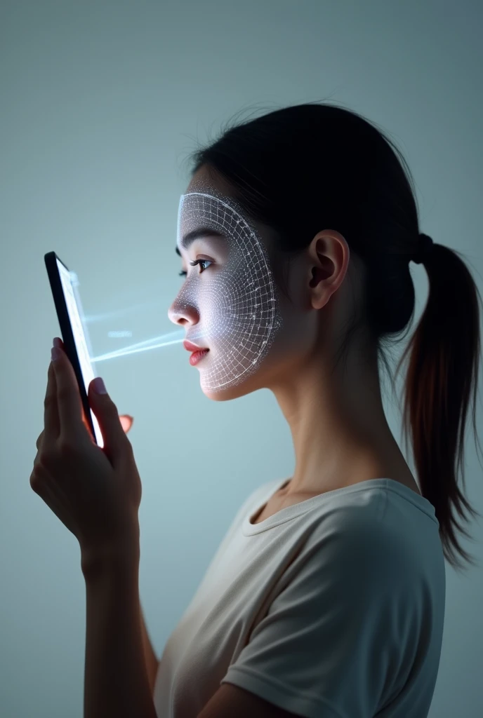 A profile portrait of a young woman holding a smartphone in front of her face for facial recognition. Show a white grid on her face to indicate facial recognition measurement points, and illuminate her face with light from the smartphone. The background should be gray, and the woman should be wearing a light-colored top with her hair tied back.
