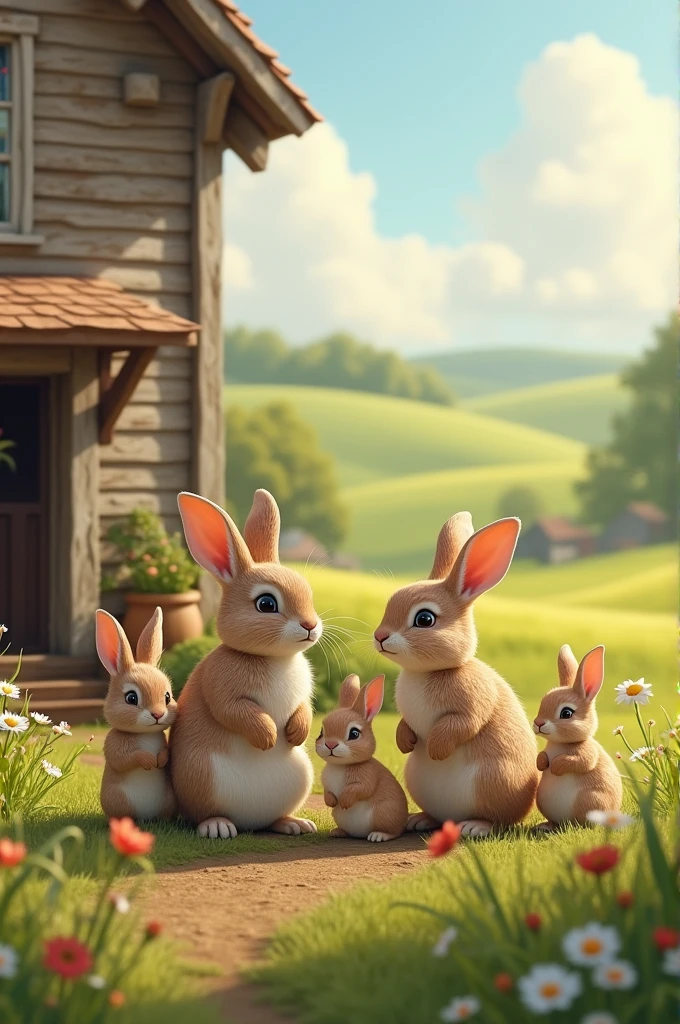 gernate a picture of rabbit family living in beautiful farm house with field 